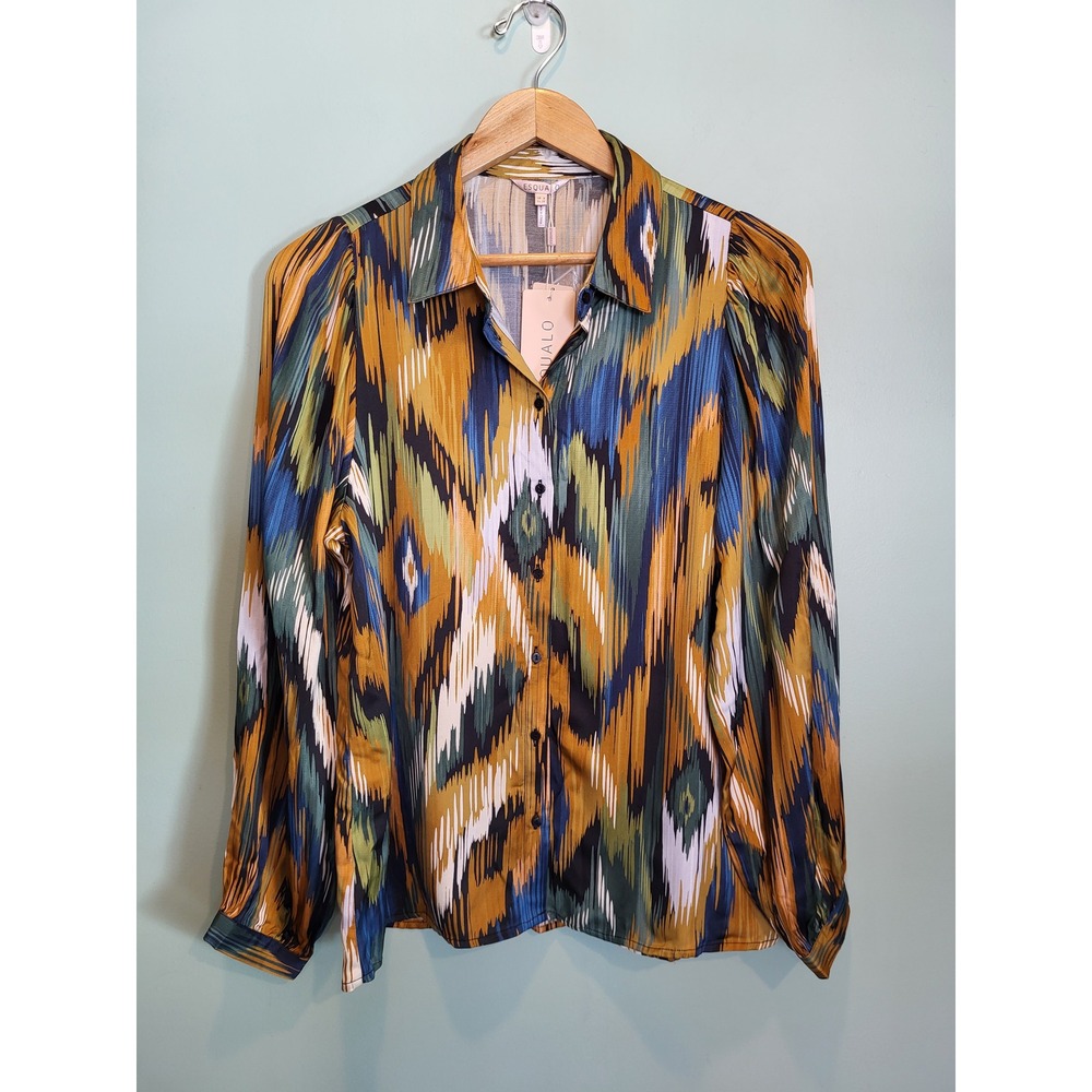 New ESQualo Women's Abstract Print Button Down Long Sleeve Blouse Size 8